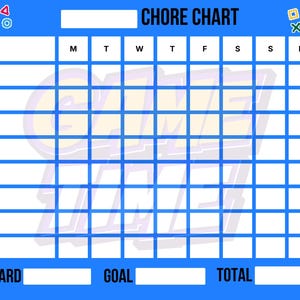 May include: A blue chore chart with a grid layout for tracking tasks. The chart includes sections for chores, days of the week, and points. The words "CHORE CHART", "REWARD", "GOAL", and "TOTAL" are visible. Decorative game controller icons are in the corners.