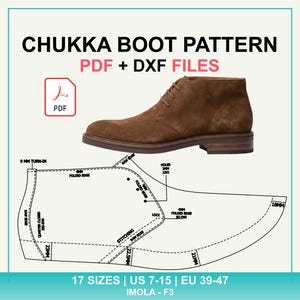 Könnte beinhalten: Ein brauner Chukka-Stiefel aus Wildleder mit Schnürsenkeln und Absatz, begleitet von einem technischen Schnittmuster mit Beschriftungen wie 9mm turn-in, 4mm folded edge und 18mm. Text: CHUKKA BOOT PATTERN PDF + DXF FILES, 17 SIZES | US 7-15 | EU 39-47 IMOLA - F3.