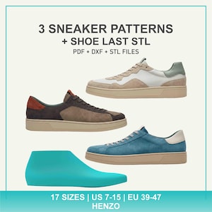 Op de afbeelding: Digitale bestanden voor 3 sneakerpatronen en een schoenleest STL. Inclusief PDF-, DXF- en STL-bestanden voor 17 maten, US 7-15 en EU 39-47. De afbeelding toont drie sneakers in verschillende kleuren en een effen talingkleurige schoenleest.