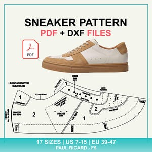 Può includere: Un modello digitale di sneaker con file PDF e DXF per una scarpa bassa con pannelli bianchi e marrone chiaro e suola in gomma. Il diagramma tecnico mostra pezzi numerati, margini di cucitura di 3mm, fori da 4mm e 17 taglie EU 39-47.