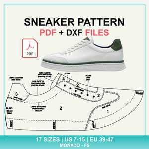 Peut inclure: Un patron de basket numérique avec fichiers PDF et DXF pour une basket basse blanche avec un talon et une bordure de semelle vert foncé. Le graphique inclut un dessin technique avec des pièces numérotées, des coutures et 17 tailles EU 39-47.