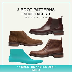 May include: Three boot patterns and a shoe last STL file set including PDF, DXF, and STL formats. The image displays a dark brown Chelsea boot, a brown suede chukka boot, a brown leather lace-up boot, and a teal shoe last. Text: 3 BOOT PATTERNS + SHOE LAST STL PDF + DXF + STL FILES 17 SIZES | US 7-15 | EU 39-47 IMOLA