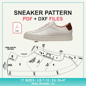 Op de afbeelding: Een digitaal sneakerpatroon met PDF- en DXF-bestanden. De afbeelding toont een witte leren sneaker met een bruin hielstuk en een technische lijntekening van het schoenpatroon met labels, afmetingen en 17 maten van EU 39-47.