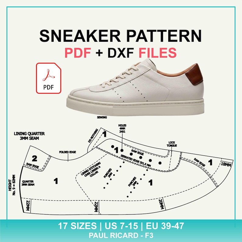 Sneaker Pattern PDF + DXF | Mens Leather Shoe Pattern | US 7–15 (paul ...