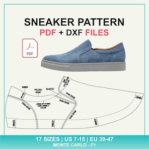 Op de afbeelding: Een blauwe instap-sneaker met een grijze zool, vergezeld van een technisch patroondiagram met labels zoals raw edge, elastic en lining stitching. De tekst luidt SNEAKER PATTERN PDF + DXF FILES, 17 SIZES | US 7-15 | EU 39-47, MONTE CARLO - F1.
