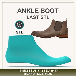 May include: A light brown suede ankle boot with a brown elastic side panel. The image also shows a teal-colored shoe last and the text "ANKLE BOOT LAST STL". The boot is available in EU sizes 39-47.