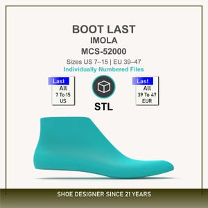 Puede incluir: Una horma de bota turquesa, utilizada en la fabricación de calzado, se muestra sobre un fondo blanco. El texto incluye "BOOT LAST IMOLA MCS-52000" y rangos de tallas en US y EUR. La imagen también presenta el texto "SHOE DESIGNER SINCE 21 YEARS."