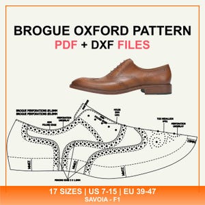 May include: A digital pattern for a brogue Oxford shoe, featuring a brown leather shoe and a technical drawing with measurements. Text includes "BROGUE OXFORD PATTERN PDF + DXF FILES" and size information.