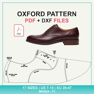 Può includere: Un modello digitale per scarpa Oxford, inclusi file PDF e DXF. L'immagine mostra una scarpa Oxford in pelle marrone scuro sopra un disegno tecnico a linee del modello con etichette per bordi grezzi, bordi piegati e fori da 3mm. 17 taglie EU 39-47.