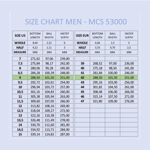 May include: A size chart for men's shoes, labeled "SIZE CHART MEN - MCS 53000." The chart includes measurements in millimeters for US and EUR sizes, detailing bottom length, ball width, and instep girth. Sizes range from US 7 to 15 and EUR 39 to 47.