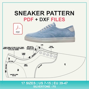Puede incluir: Un patrón digital de zapatillas en formatos PDF y DXF con una zapatilla de ante azul claro y suela blanca. El diagrama técnico muestra piezas numeradas, bordes sin rematar, ribetes girados y ojales de 10mm de ancho para tallas EU 39-47.