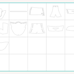 May include: A grid of white sewing pattern pieces on a light blue background. The pieces include various shapes, such as a collar, shorts, and a bodice, likely for a garment.