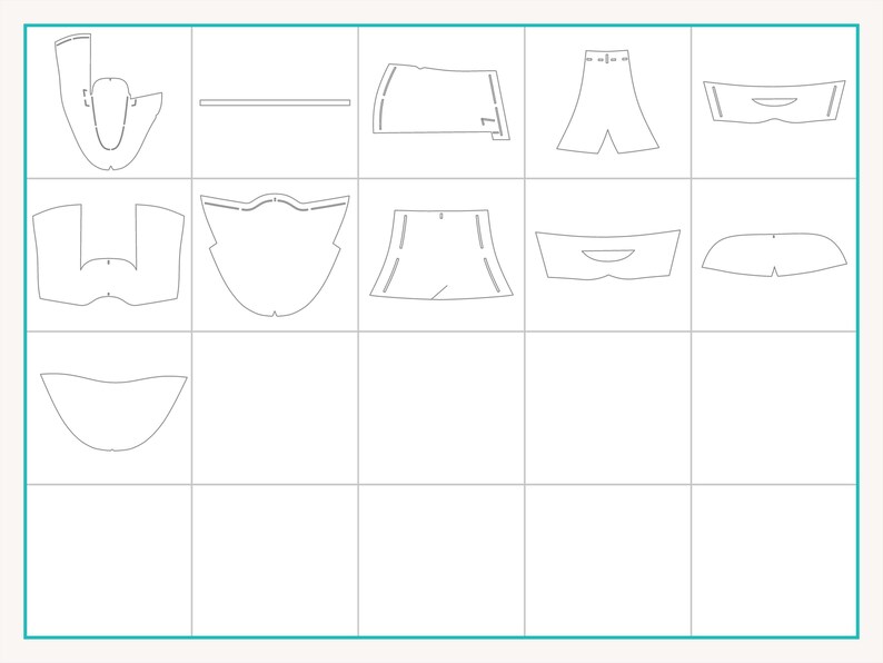 May include: A grid of white sewing pattern pieces on a light blue background. The pieces include various shapes, such as a collar, shorts, and a bodice, likely for a garment.