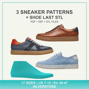 Può includere: Tre modelli di sneaker e un file STL per forma da scarpa. Include sneaker in pelle marrone, pelle blu e arancione, e camoscio azzurro. Testo: 3 SNEAKER PATTERNS + SHOE LAST STL, PDF + DXF + STL FILES, 17 SIZES | US 7-15 | EU 39-47 SILVERSTONE.