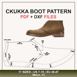 Könnte beinhalten: Ein braunes Chukka-Stiefel-Muster aus Wildleder für PDF- und DXF-Dateien. Das Muster enthält Maße und Details für 17 Größen, US 7-15 und EU 39-47. Der Stiefel wird mit einer hellbraunen Sohle und Schnürsenkeln gezeigt.