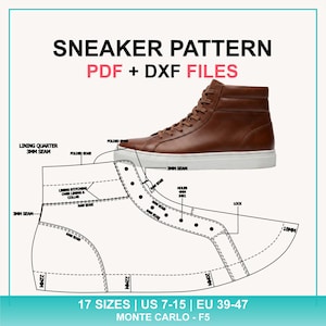 Può includere: Una sneaker alta in pelle marrone con suola bianca è mostrata accanto a un disegno tecnico. Il disegno include misure ed etichette per il modello della sneaker. Il testo sull'immagine recita "SNEAKER PATTERN PDF + DXF FILES" e "17 SIZES | US 7-15 | EU 39-47".