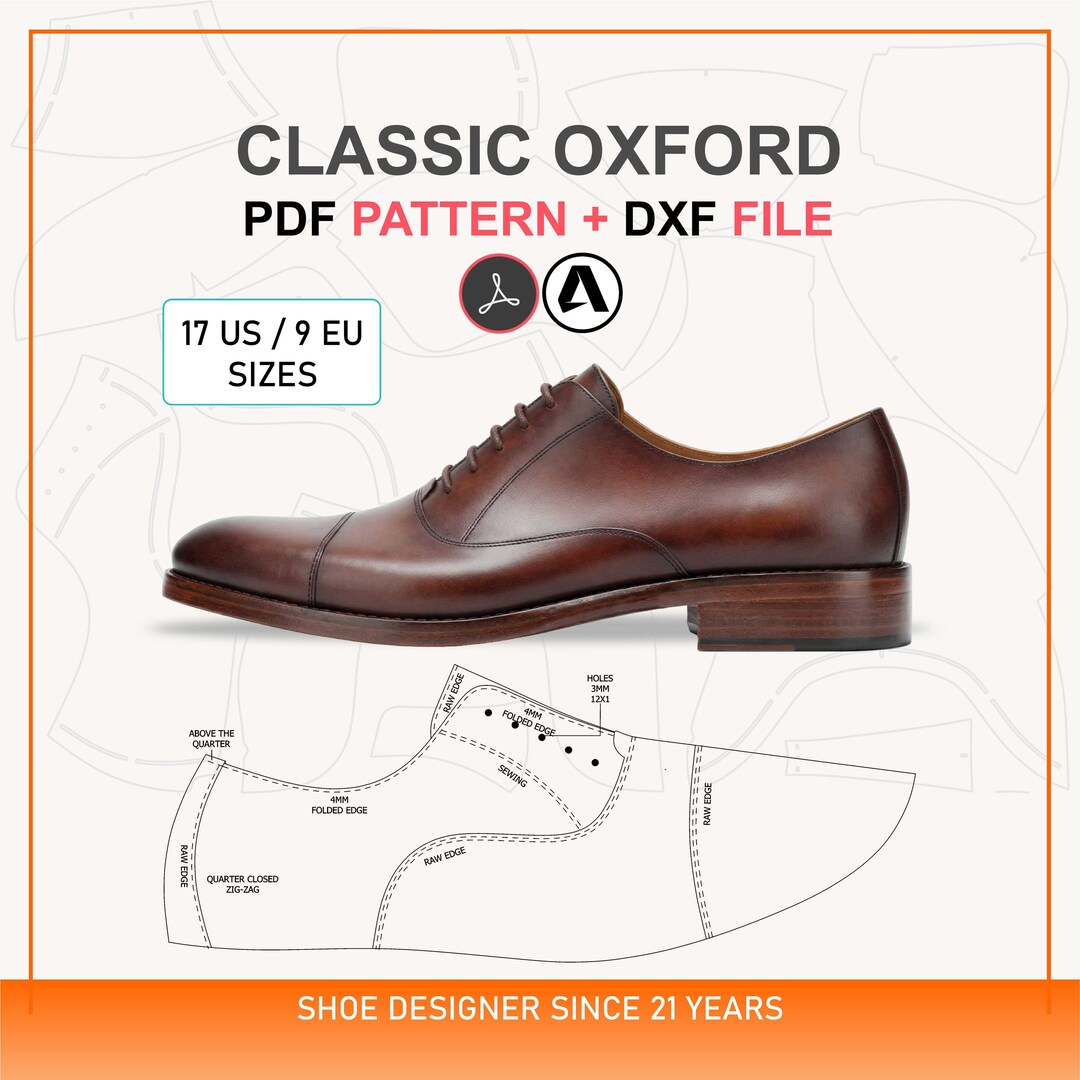 Oxford Shoe Pattern PDF + Dxf | Men's Leather Dress Shoe Sewing ...