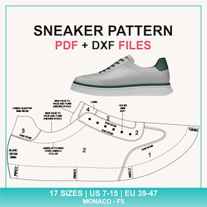 May include: A sneaker pattern with the text "SNEAKER PATTERN PDF + DXF FILES". The image shows a diagram of a sneaker with measurements in millimeters and inches. The pattern includes 17 sizes, US 7-15, and EU 39-47.