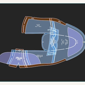 May include: A digital illustration of a shoe pattern, featuring various shapes and lines in shades of blue and brown against a black background. The pattern includes text labels and measurements, likely for sewing or crafting.