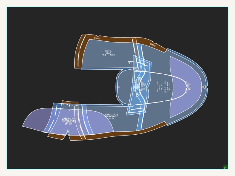 May include: A digital illustration of a shoe pattern, featuring various shapes and lines in shades of blue and brown against a black background. The pattern includes text labels and measurements, likely for sewing or crafting.