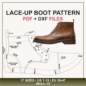 Puede incluir: Una bota de cuero marrón con cordones junto a un patrón para la bota. El patrón incluye medidas y etiquetas como "Lining Quarter 3mm Seam" y "Counter Pocket Raw Edge". El texto en la parte inferior dice "17 tallas | US 7-15 | EU 39-47."
