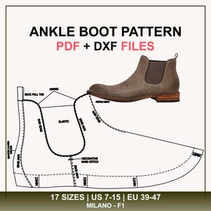May include: Ankle boot pattern with PDF and DXF files. The image shows a brown suede ankle boot and a pattern outline with labels like "elastic" and "decorative hand stitch." Includes size information: US 7-15, EU 39-47.