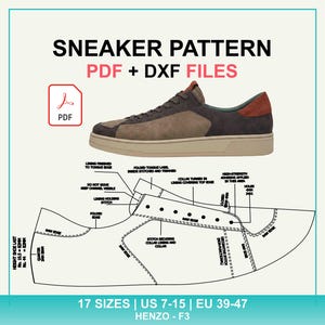May include: A digital sneaker pattern featuring PDF and DXF files for a low-top shoe. The image displays a brown and dark grey sneaker with a tan sole, alongside a technical line drawing with labels, 17 sizes from US 7-15, and EU 39-47.