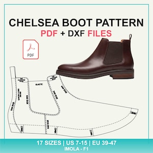 Può includere: Un modello digitale per stivaletti Chelsea con file PDF e DXF. L'immagine mostra uno stivaletto Chelsea in pelle marrone con pannelli laterali elastici e un disegno tecnico del modello. Il testo include: CHELSEA BOOT PATTERN, 17 SIZES, US 7-15, EU 39-47, IMOLA - F1.