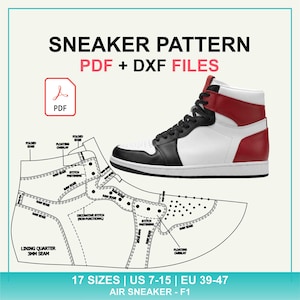 Puede incluir: Un patrón digital de zapatillas con archivos PDF y DXF para una zapatilla air. La imagen muestra una zapatilla de caña alta en blanco, negro y rojo, junto a un dibujo técnico de líneas con etiquetas como borde doblado y borde sin rematar.