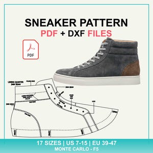 Puede incluir: Un patrón de zapatillas digital para archivos PDF y DXF que muestra una zapatilla alta de ante gris oscuro con talón marrón y suela blanca. El gráfico incluye dibujos técnicos con etiquetas como 3mm seam y 18mm, y el texto: SNEAKER PATTERN PDF + DXF FILES, 17 SIZES | US 7-15 | EU 39-47, MONTE CARLO - F5.