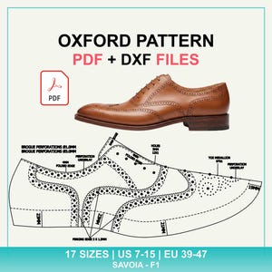 Può includere: Modello Oxford in file PDF e DXF per una scarpa in pelle marrone con punta a coda di rondine. L'immagine mostra una scarpa finita sopra un disegno tecnico con etichette per le perforazioni brogue, i bordi ripiegati e misure in millimetri.