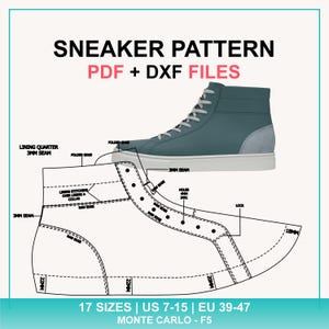 Puede incluir: Una zapatilla alta de color verde azulado con suela blanca y talón gris se muestra junto a un diagrama de patrón. El diagrama muestra los componentes de la zapatilla con medidas y etiquetas. El texto de la imagen dice "SNEAKER PATTERN PDF + DXF FILES" y "17 SIZES | US 7-15 | EU 39-47".