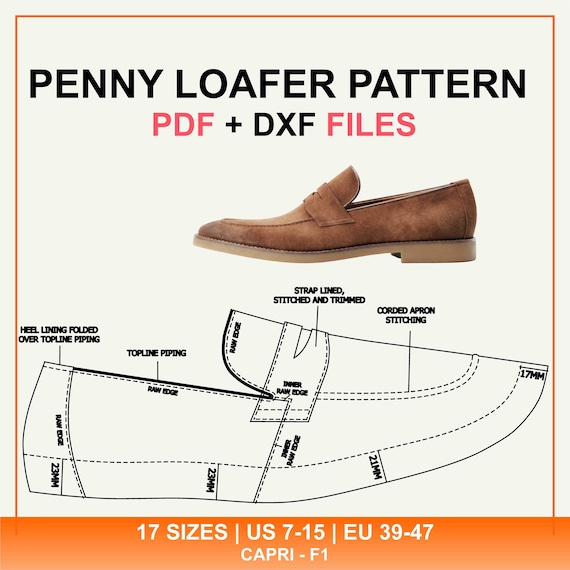 Penny Loafer Shoe Pattern PDF + dxf | Men's Leather Loafer Sewing Template | Capri F1