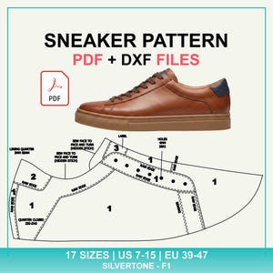 Peut inclure: Un patron de basket numérique avec fichiers PDF et DXF, montrant une basket en cuir marron avec un détail bleu foncé au talon et un schéma technique des composants avec étiquettes, incluant 17 tailles du US 7-15 et EU 39-47.