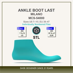 May include: A teal ankle boot last, a form for shoemaking, with the text "ANKLE BOOT LAST MILANO MCS-54000". The image includes text indicating sizes US 7-15 and EU 39-47. The text "SHOE DESIGNER SINCE 21 YEARS" is also present.