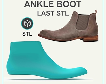 May include: A brown suede ankle boot with elastic side panels and a wooden heel, displayed alongside a smooth teal shoe last. The image includes the text ANKLE BOOT, LAST STL, STL, and 17 SIZES | US 7-15 | EU 39-47 | MILANO | MCS-54000.