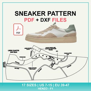 Può includere: Un set di file digitali per il cartamodello di una sneaker in formato PDF e DXF. L'immagine mostra una sneaker bassa bianca e beige con tallone verde, insieme a un disegno tecnico del cartamodello con etichette per cuciture e bordi.