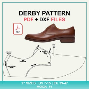 Patrón de zapatos Derby en PDF + DXF / Confección de zapatos de cuero para hombre / Tallas US 7–15 (Monza F1)