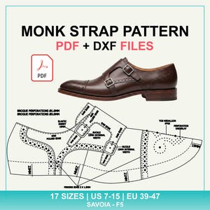 May include: A digital pattern for a double monk strap shoe, including PDF and DXF files. The image displays a brown leather shoe with silver buckles and a technical line drawing with measurements in millimetres for 17 sizes, US 7-15 and EU 39-47.