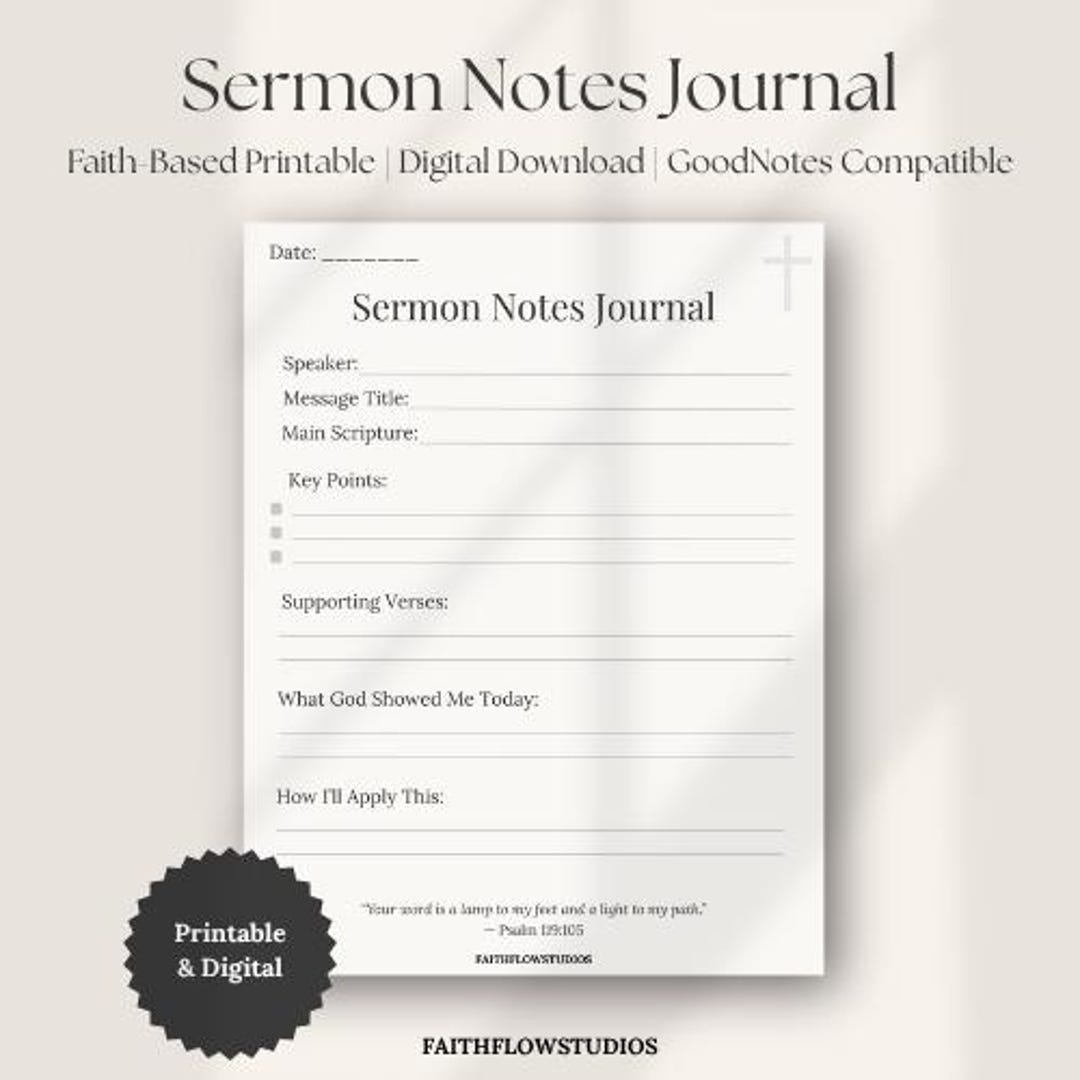 Sermon Notes Journal | Christian Printable + Digital | Bible Study ...