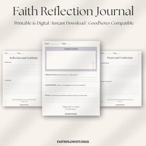 Könnte beinhalten: Ein Faith Reflection Journal mit drei offenen Seiten. Die Seiten des Journals sind weiß mit hellgrauen Akzenten und enthalten Aufforderungen zu Reflexion, Dankbarkeit, Gebet und Bekenntnis. Das Journal ist für die digitale Nutzung konzipiert.