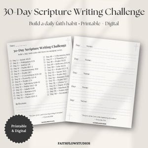 Peut inclure: Un journal imprimable et numérique de 30 jours de défi d'écriture des Écritures. Le journal comprend des invites pour les versets quotidiens, avec de l'espace pour écrire la date et le verset. Le journal a également une section de réflexion et le texte "Imprimable et numérique".
