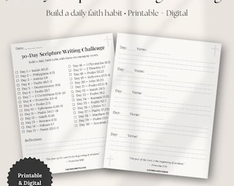 Défi de rédaction d'Écritures bibliques de 30 jours | Étude biblique imprimable | Écriture quotidienne de vers | Pages de revue chrétienne | Planificateur Foi PDF