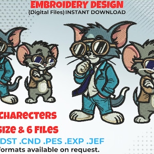 May include: Embroidery design featuring cartoon cat and mouse characters wearing suits and goggles. The design includes the text "EMBROIDERY DESIGN (Digital Files) INSTANT DOWNLOAD", "2 CHARACTERS", "4 SIZE & 6 FILES", and file format information.