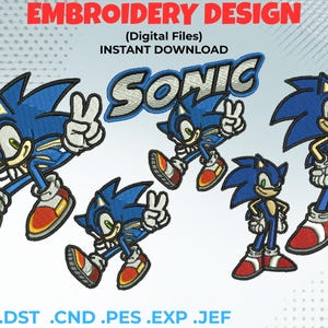 May include: Embroidery design featuring multiple images of Sonic the Hedgehog in various poses. The design includes the word "SONIC" in a stylized font, and the text "EMBROIDERY DESIGN (Digital Files) INSTANT DOWNLOAD". The design is in blue, white, red, and yellow.