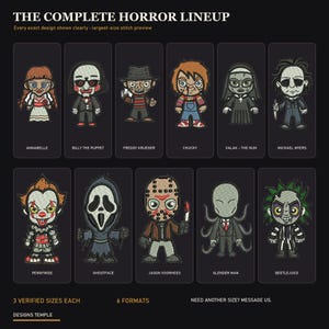 Puede incluir: Una colección de once parches bordados de personajes de terror que incluyen a Annabelle, Billy the Puppet, Freddy Krueger, Chucky, Valak, Michael Myers, Pennywise, Ghostface, Jason Voorhees, Slender Man y Beetlejuice sobre fondo oscuro.
