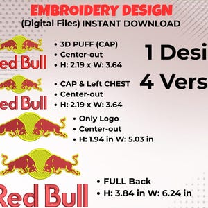 Diseño de bordado del logotipo de Red Bull, gorra 3D tipo puff, lado izquierdo del pecho, sudaderas con capucha (archivos digitales)