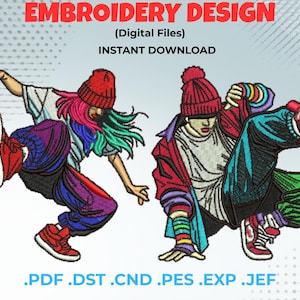 May include: Embroidery design digital files featuring two stylized figures in dynamic poses. The figures wear red beanies, colorful jackets, and sneakers. The text "EMBROIDERY DESIGN" and "INSTANT DOWNLOAD" are displayed at the top.