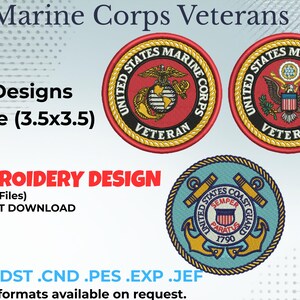 Könnte beinhalten: Digitale Stickdesigns mit Emblemen des Marine Corps und der Küstenwache. Das Bild zeigt drei runde Aufnäher mit dem Text "Marine Corps Veterans", "3 Designs" und "1 Größe (9x9 cm)". Sofortiger Download.