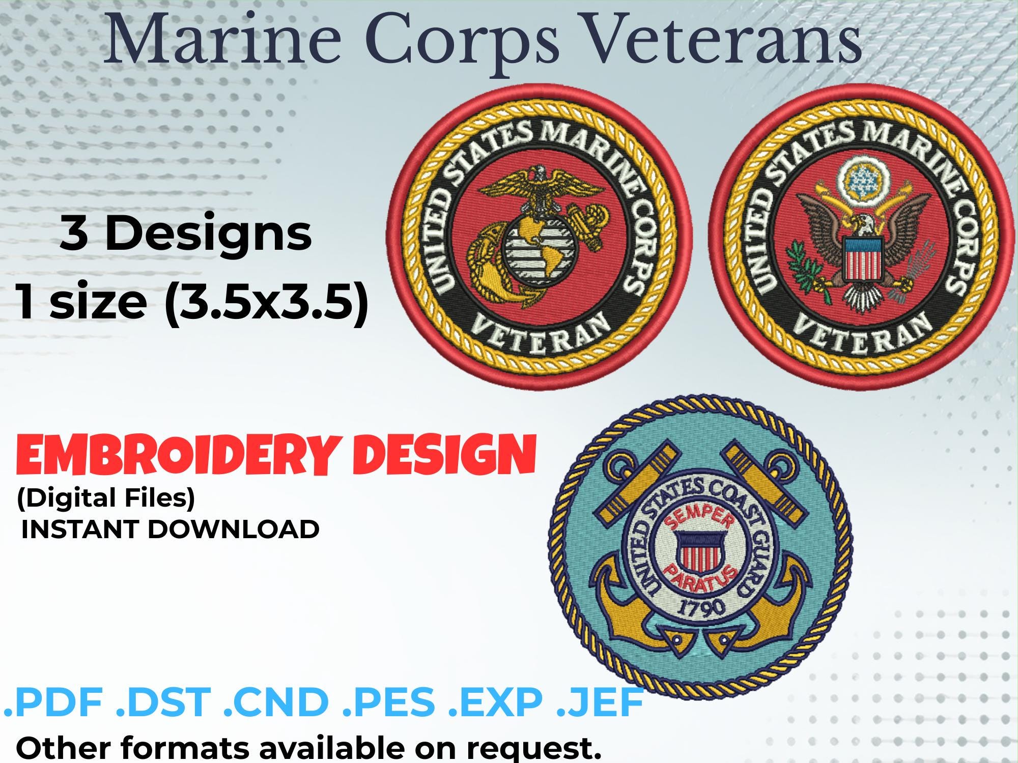 3 US Marine Veteran Embroidery Design Bundle, Military Patch Files (3.5x3.5)